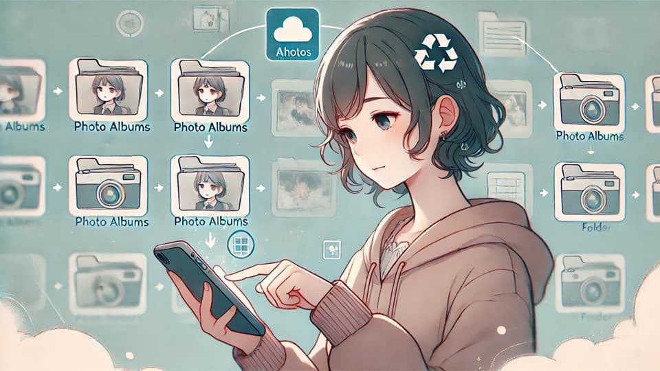 スマホのフォトアプリを扱う人のイラスト